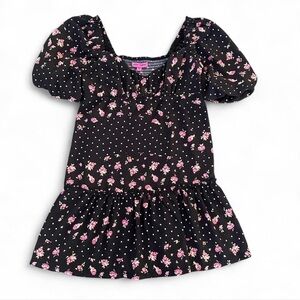 Betsey Johnson Floral Polka Dot Puff Sleeve milkmaid Mini Dress‎ Black Size Med